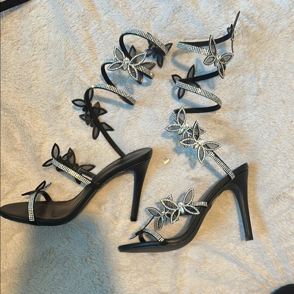 Elegant Black Strappy Heels with Rhinestone Accents
